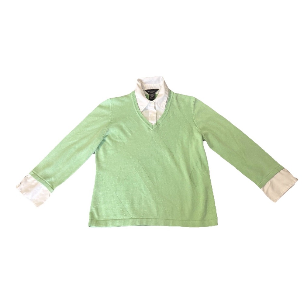 Vtg Van Heusen Layered Sweater Academia Collar Cuffs Green Y2k Women L‎ Preppy